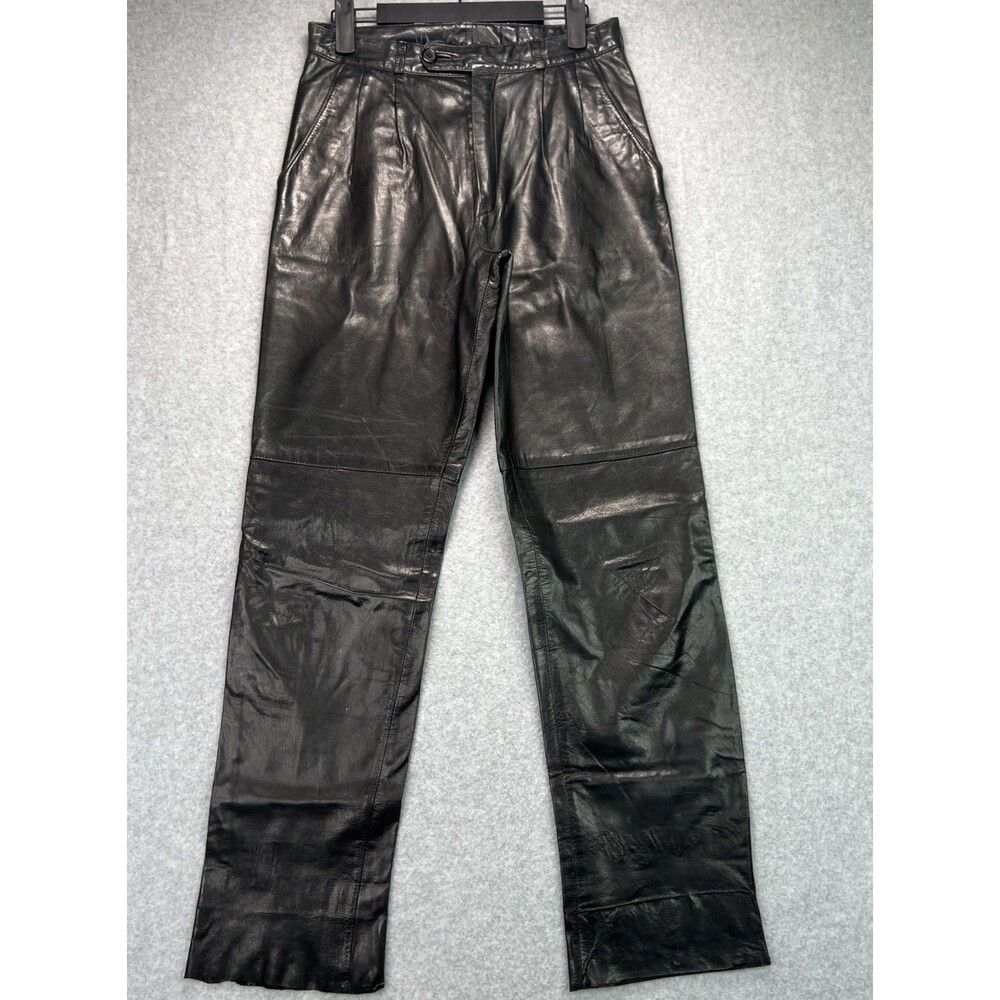Vintage Bermans Leather Pants 28/6 ? Black Straight Leg Pleated High Waist 80s